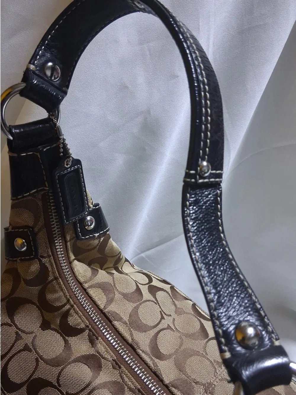 COACH Penelope Signature Hobo Canvas Bag Tan Brown with Black Handle and Trim